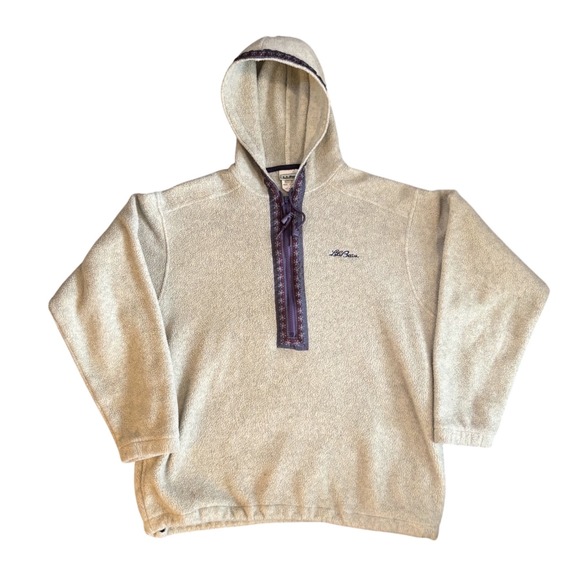L.L. Bean Tops - LL Bean Vintage Fleece Hoodie Quarter Zip Oatmeal Cream‎ Womens Medium P247 USA